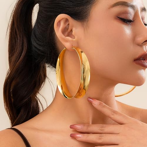 Chunky Gold Silver Hoop Earrings for Women Wide Flat Huggie Hoops Dangle Earrings Big Large Punk Smooth Surface Statement Earrings Fashion Jewelry - color: B Gold