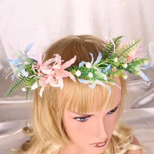 Boho Floral Crown for Women– Adjustable Faux Silk Flower Headband, Handmade Wedding Hair Accessory for Festivals & Photoshoots, Flower Hair Crown for Women (Pink Blue Flower Leaf, Adjustable) - color: Pink Blue Flower Leaf