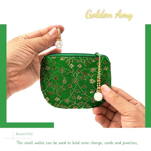 Handmade Women Coin Purse Rosary Pouch Silk Jewelry Bag Brocade Zipper Wallet - Green - color: Green