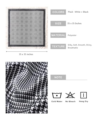 AWAYTR 35” Satin Head Scarf for Women Like Silk Scarf Hair Bandanas Women Large Square Neck Scarf Headscarf Head Wrap - color: Plaid - White + Black