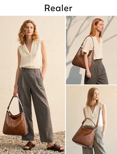 Realer Hobo Crossbody Bags for Women Designer Faux Leather Hobo Handbags Retro Large Size Shoulder Bag Bucket Purse - color: Brown-gold Hardware, size: Medium-12.4 inch