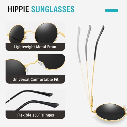 Morcheiong Polarized Hippie Sunglasses Retro Round Glasses for Women Men Vintage Circle Sunglasses UV400 - color: Gold Frame Black Film