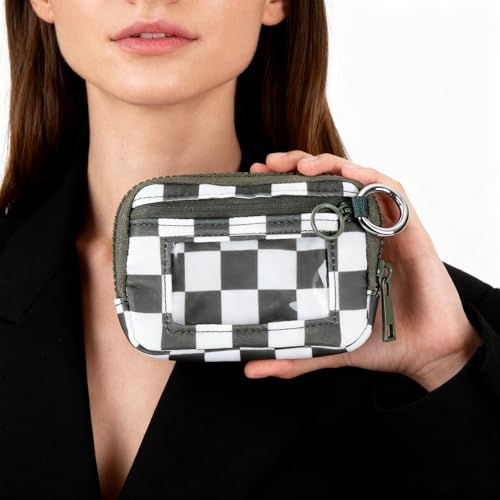 Wristlet Wallet for Women Mini Zip Card Case with Clear ID Window Zipper Coin Purse Lightweight Portable Keychain Wallet(Teal Gray Lattice) - color: Teal Gray Lattice