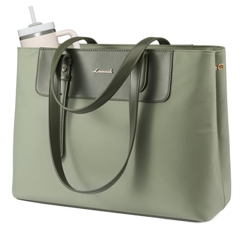 LOVEVOOK Laptop Tote Bag for Women, Water-Resistant Work Tote Bag Large Capacity Computer Bag for Travel, Nylon & PU - color: Green, size: 15.6Inch