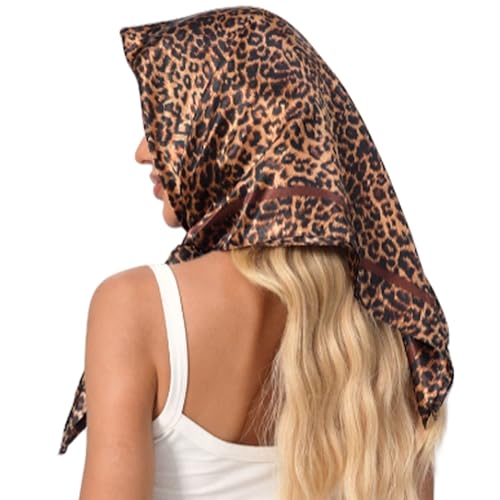 Leopard Print Head Scarf for Women Like Silk Satin Scarf for Hair Wrapping at Night Bandana Square Scarf 35 Inches - color: Dark Coffee