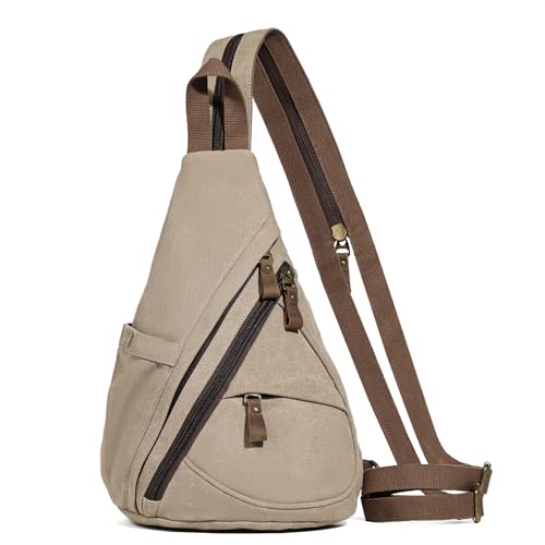 KL928 Canvas Sling Bag - Small Crossbody Backpack Shoulder Casual Daypack Rucksack for Men Women(Large Version,Khaki) - color: Canvas-khaki