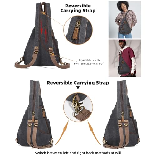 KL928 Canvas Sling Bag - Small Crossbody Backpack Shoulder Casual Daypack Rucksack for Men Women(Large Version,Black) - color: Canvas-black