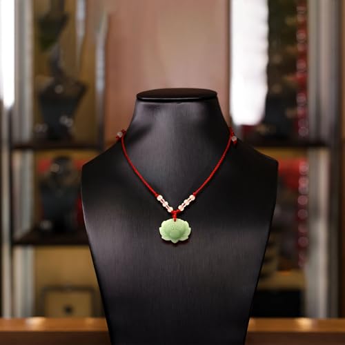 BuleVina Lotus Pendant Necklace Jade Lucky Charm with Red Cord for Men Women, Fashion Natural Green Amulet Jewelry Gifts 24 Inch Rope