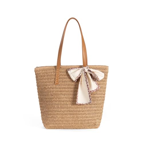 Large Straw Beach Bag: Women's Handwoven Tote with Zipper Pocket - Lightweight Summer Purse for Travel & Work - color: Brown