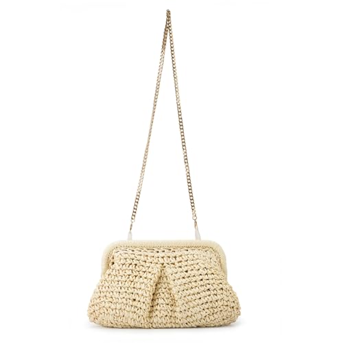 Emprier Straw Clutch Purses for Women Cloud Dumpling Pouch Straw Crossbody Shoulder Handbag Summer Beach Woven Bag - color: Beige