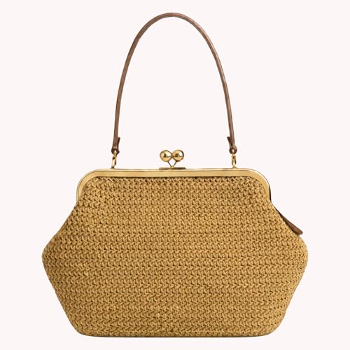 Kiss Lock Woven Bag, Large Capacity Straw Rainbow Handbags for Vacation Travel Shopping, Summer Straw Shoulder Bags - color: [Style 3]