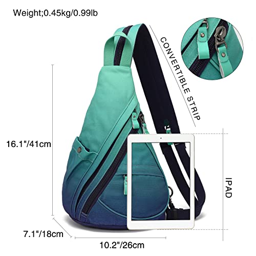 KL928 Canvas Sling Bag - Small Crossbody Backpack Shoulder Casual Daypack Rucksack for Men Women(Large Version,Blue+GrayishGreen) - color: Canvas-blue+grayishgreen