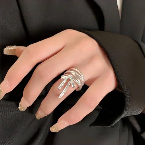 14K Gold Plated Open Ring 925 Sterling Silver Ring Open Adjustable rings for women Band Rings for Men Women Gold Stackable Rings for Women Teen Girls Silver Statement Ring Band Chunky Open Twist Ring - color: Silver21