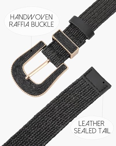 AWAYTR Womens Boho Woven Belt - Easy Care Plastic Elastic Belt with Handmade Raffia Buckle for Daily Vacation Work - color: Black, size: Fit Waist 26''-31''