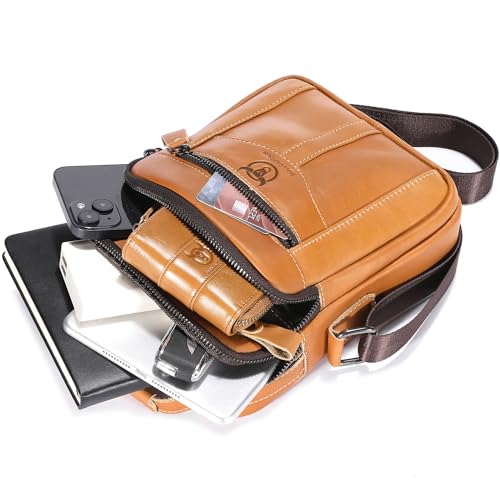 Leather Crossbody Bags for Men Casual Shoulder Bag Travel Messenger Bag Vintage Handbag Multi Pocket Satchel - color: Orange