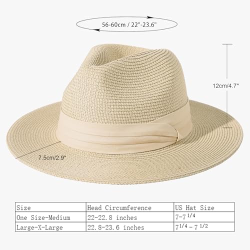 Lanzom Women Wide Brim Straw Panama Roll up Hat Fedora Beach Sun Hat UPF50+ - color: Beige/Khaki, size: One Size-Medium