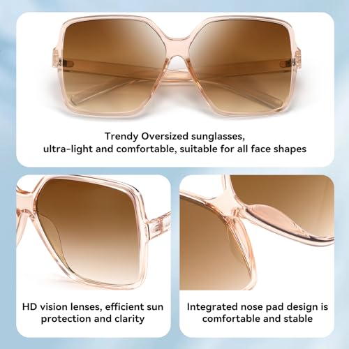 Dollger Oversized Square Sunglasses for Women Big Large Wide Fashion Shades for Men UV Protection Unisex - color: Clear Brown and Clear Brown