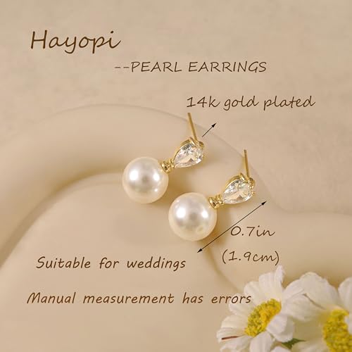 Hayopi Pearl Earrings for Women - Dainty Gold Dangle Drop Earrings, 14k Gold Plated Cute Bow Design, Hypoallergenic Pearl Studs, Wedding Jewelry Gifts - color: GOLD-Small CZ Drop pearl