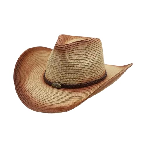 Straw Cowgirl Hat for Women Cowboy Hats for Men Wide Brim Sun Hat Shapeable Western Hat Beach Hat - color: Beige-coffee