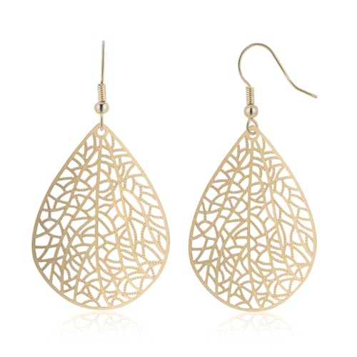 Teardrop Earrings for Women, 14K Plated Dangle Earrings Handmade Filigree Teardrop Dangling Earrings Ginkgo Hypoallergenic 925 Sterling Leaf Earrings for women - color: Gold