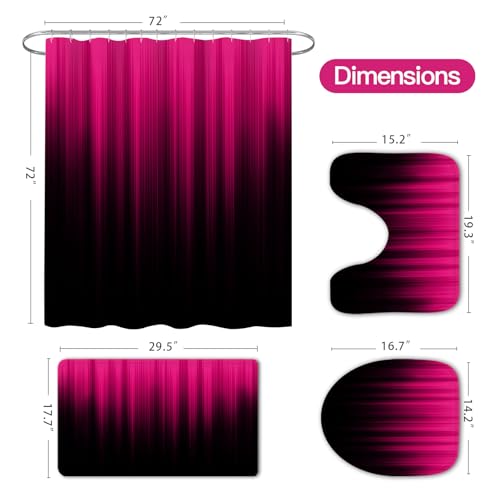 Litabel 4 Pcs Hot Pink and Black Gradient Shower Curtain Set with Rugs and Toilet Lid Cover, Modern Simple Waterproof Fabric Bathroom Set, Ombre Stripe Gothic Abstract Bathroom Decor Set Accessories - color: Hotpink
