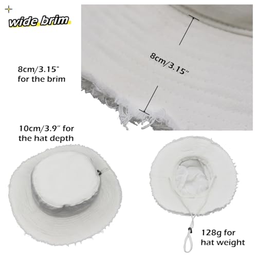 LLmoway Womens UPF50+ Cotton Wide Brim Sun Hat with Strap Ladies Summer Floppy Hats Packable Women Washed Fringes Bucket Hat - color: White