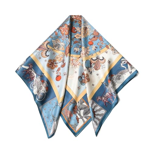SHIROUYU 100% Pure Mulberry Silk Scarf 35" Large Square Lightweight Headscarf –Women’s Hair Wraps The shawl-With Gift Packed - color: Blue-persimmon