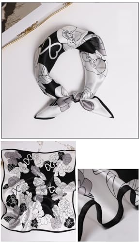 ANDANTINO 100% Mulberry Silk Square Scarf for Hair-25.6" X25.6'' Women Men Natural Silk Neckerchief Digital Printed Headscarf - color: Black&white Camellia