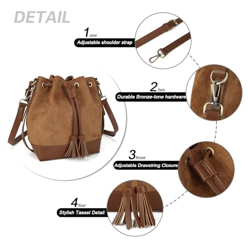 AFKOMST Faux Suede Bucket Bags and Drawstring Crossbody Purse for Women Medium Tote Handbags with 2 Shouder Straps | Fit Pad mini, Long Wallet, Removable Long Strap - color: Brown