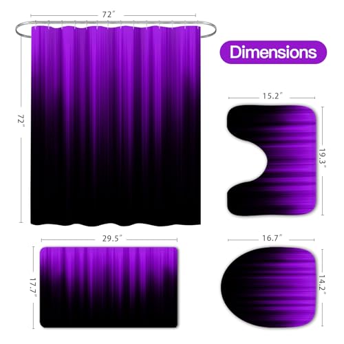 Litabel 4 Pcs Purple and Black Gradient Shower Curtain Set with Rugs and Toilet Lid Cover, Modern Simple Waterproof Fabric Bathroom Set, Ombre Stripe Gothic Abstract Bathroom Decor Set Accessories - color: Purple