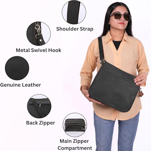 Genuine Leather Crossbody Purse for Women – Medium Satchel Bag with Zipper Pocket – Soft Vintage Boho Handbag - color: Black