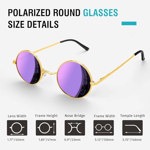 Morcheiong Polarized Hippie Sunglasses Retro Round Glasses for Women Men Vintage Circle Sunglasses UV400 - color: Gold Frame Purple Film