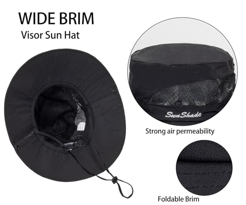 Womens Summer Sun Hat Beach Hat Wide Brim Outdoor UV Protection Hat Packable Mesh Bucket Hat with Ponytail Hole - color: Solid Black