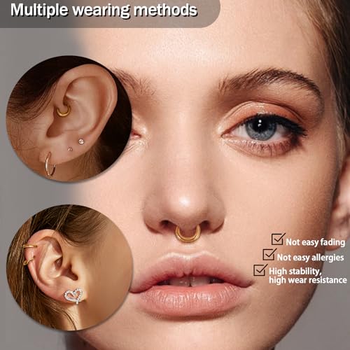 16g 18g Surgical Steel Cartilage Hoops with Chains Designs 6mm 8mm 10mm 12mm Gold Hinged Nose Ring Hoop Segment Ring Clicker Septum Ring Daith Helix Conch Rook Piercing Jewelry - style: Gold 16G 8mm Thick Nose Rings