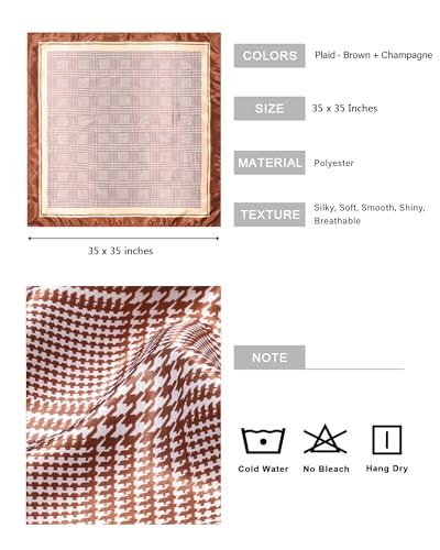 AWAYTR 35” Satin Head Scarf for Women Like Silk Scarf Hair Bandanas Women Large Square Neck Scarf Headscarf Head Wrap - color: Plaid - Brown + Champagne