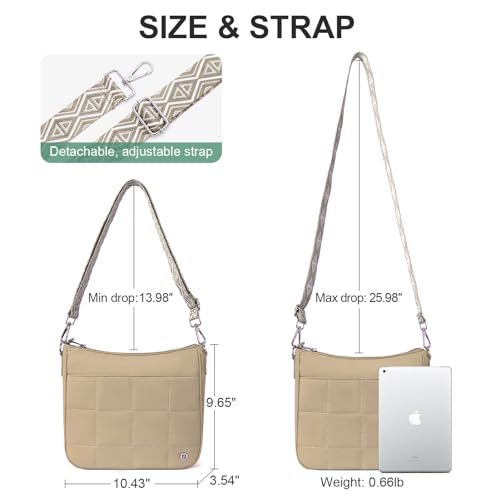 Anti Theft Crossbody Bags for Women,Quilted Puffer Travel Purses Shoulder Hobo Bag Handbag with Guitar Strap - color: Khaki