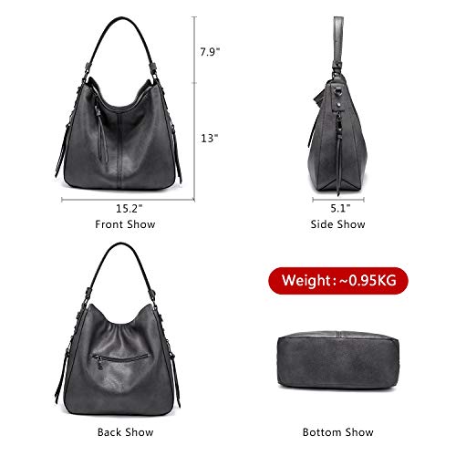 Realer Hobo Crossbody Bags for Women Designer Faux Leather Hobo Handbags Retro Large Size Shoulder Bag Bucket Purse - color: Heavy Gray-gun Black Hardware（15.2"）, size: Large-15.2 inch