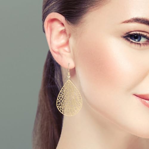 Teardrop Earrings for Women, 14K Plated Dangle Earrings Handmade Filigree Teardrop Dangling Earrings Ginkgo Hypoallergenic 925 Sterling Leaf Earrings for women - color: Gold