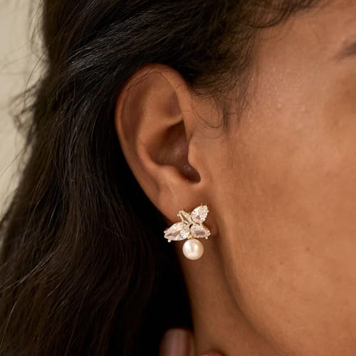 Hayopi Pearl Earrings for Women - Dainty Gold Dangle Drop Earrings, 14k Gold Plated Cute Bow Design, Hypoallergenic Pearl Studs, Wedding Jewelry Gifts - color: GOLD-flower pearl