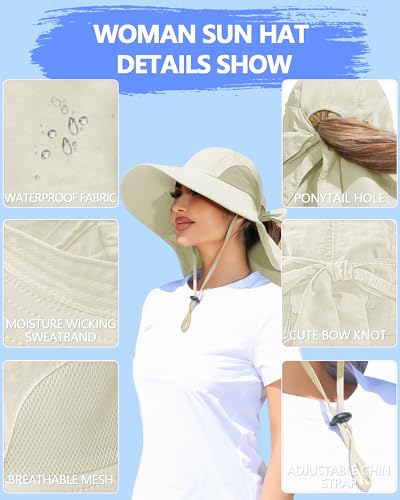 Womens Sun Hat Outdoor UV Protection Wide Brim Fishing Hat with Ponytail Hole Neck Flap for Beach Hiking Camping - color: A-sun Hat-beige
