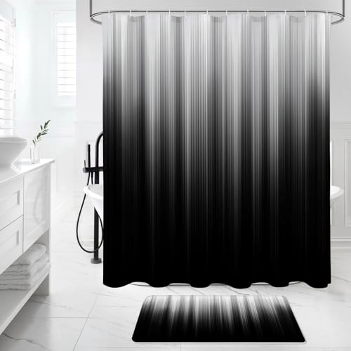 Litabel 4 Pcs Grey and Black Gradient Shower Curtain Set with Rugs and Toilet Lid Cover, Modern Simple Waterproof Fabric Bathroom Set, Ombre Stripe Gothic Abstract Bathroom Decor Set Accessories - color: Grey