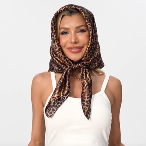 Leopard Print Head Scarf for Women Like Silk Satin Scarf for Hair Wrapping at Night Bandana Square Scarf 35 Inches - color: Dark Coffee