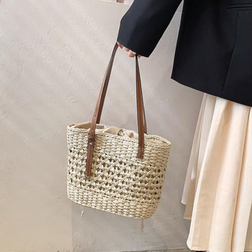 Stylish Boho Straw Tote Bag Hand-woven Purse Beach Handbag Summer Shoulder Bag With Adjustable Strap - color: Ivory