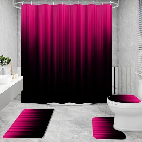Litabel 4 Pcs Hot Pink and Black Gradient Shower Curtain Set with Rugs and Toilet Lid Cover, Modern Simple Waterproof Fabric Bathroom Set, Ombre Stripe Gothic Abstract Bathroom Decor Set Accessories - color: Hotpink