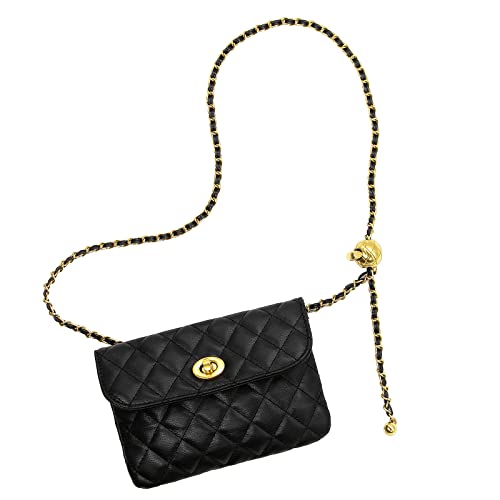 YAMEIZE PU Leather Chain Belt Bag for Women - Crossbody Waist Bag Fanny Pack Detachable Belt Chain Women Evening Mini Handbag - color: Black - Small (7.1x5.1 Inch)