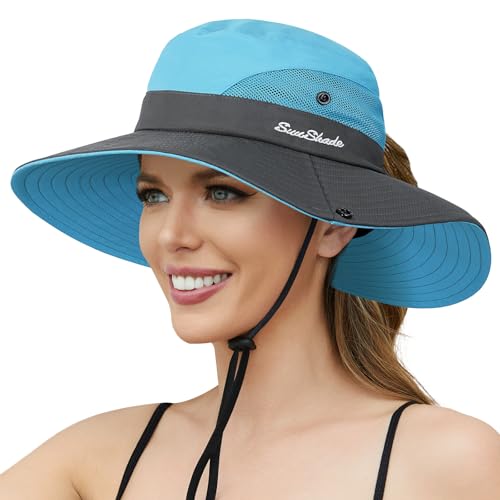 Womens Sun Hat - Sun Hats for Women with Ponytail Hole, Foldable Wide Brim Cooling Mesh Beach Fishing Hat for Outdoor - color: Blue & Grey