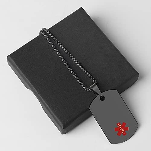 Medical Alert ID Necklace, Laser Engraved Blood THINNER, Stainless Steel Tag Pendant with 23.6 inch Chain for Men Women Emergency First Aid - color: Black, size: BLOOD THINNER