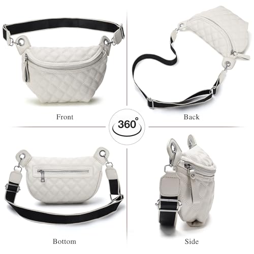 Women's Quilted Crossbody Waist Pack, PU Leather Fanny Pack Sling Bag with Adjustable Belt, Small Shoulder Purse for Travel, Daily Use (Off-white) - color: D-off White