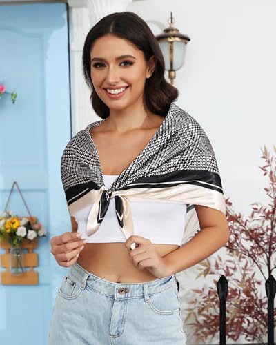 AWAYTR 35” Satin Head Scarf for Women Like Silk Scarf Hair Bandanas Women Large Square Neck Scarf Headscarf Head Wrap - color: Plaid - White + Black