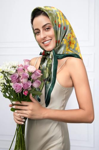 AWAYTR 35” Satin Head Scarf for Women Like Silk Scarf Hair Bandanas Women Large Square Neck Scarf Headscarf Head Wrap - color: Green